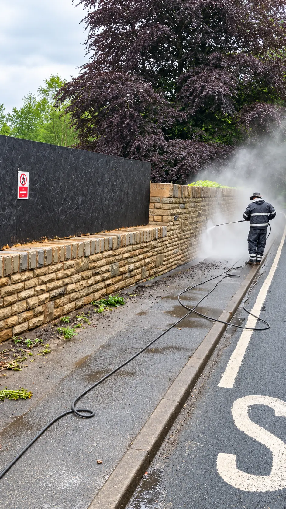 Clean Walls pressure washing a roadside stone wall