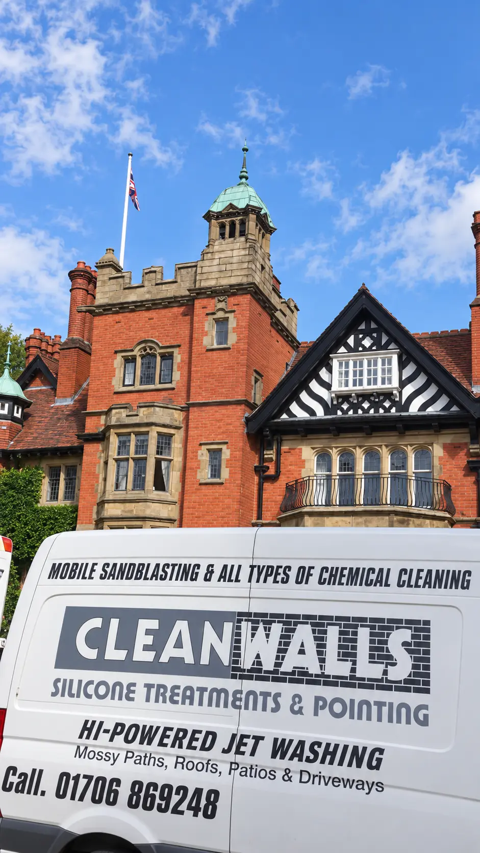 Clean Walls van outside a historic property cleaning project