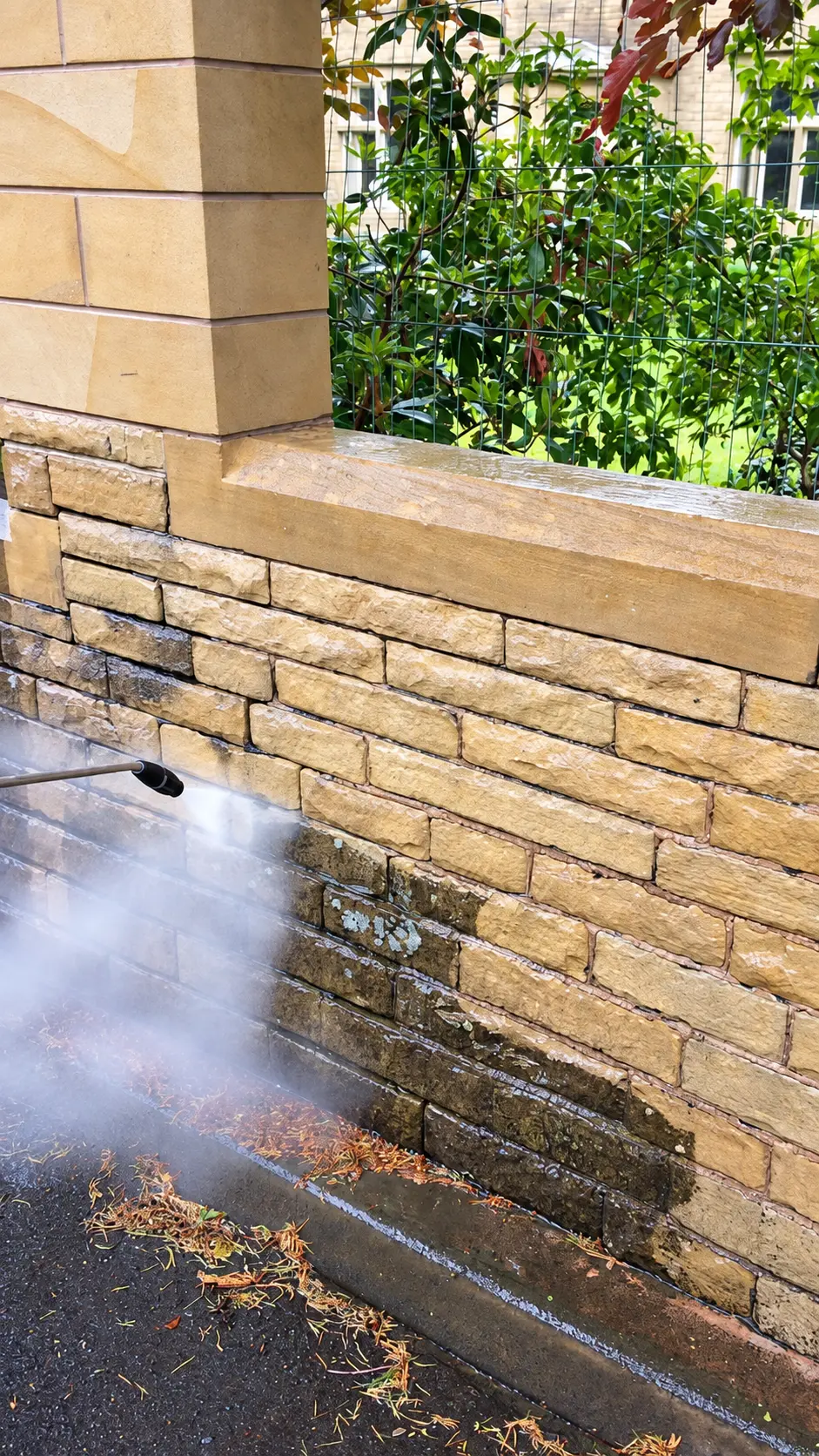 Pressure cleaning a natural stone garden wall