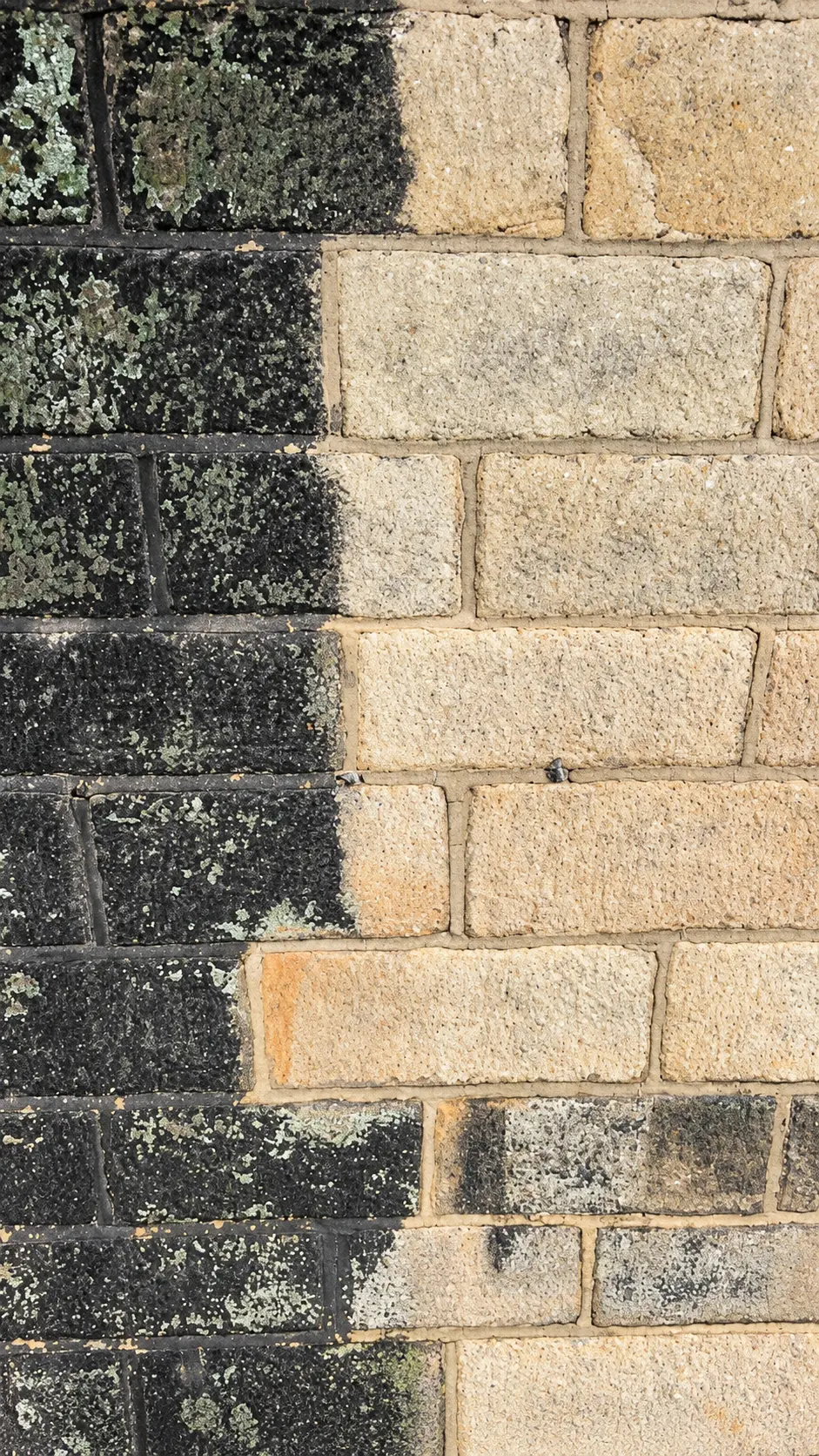 Close-up comparison of stonework before and after cleaning